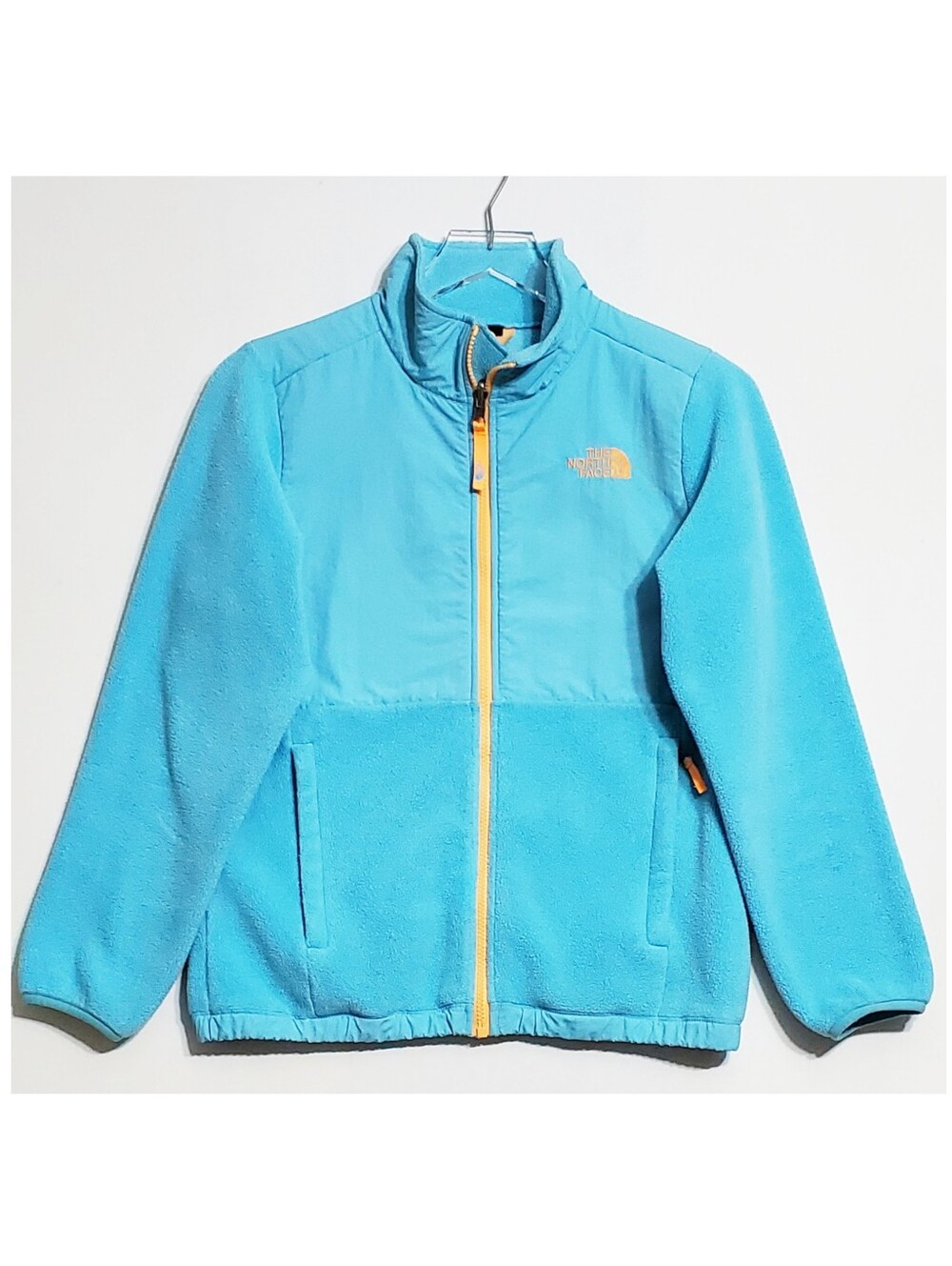 The North Face Denali girl Large 14-16 zip up fleece jacket blue pockets logo